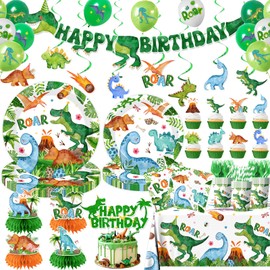 Dinosaur Birthday Party Supplies for Boys,Dinosaur Birthday Decorations Includes Party Plates and Napkins,Banner,12 Balloons,Tablecloth,Cups,Honeycomb Cupcake Topper,Hanging Swirls,Serve 24