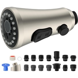 Hygie Rinse Universal Faucet Head Replacement with 15 Adapters Compatible with Moen Delta Faucet Head, 3 Function Pull Down Kitchen Sink Faucet Sprayer Head Fit Most Faucet, Brushed Nickel