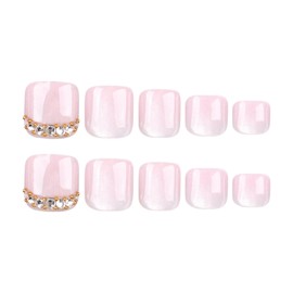 Press on Toenails Pink Fake Toe Nails Glitter False Toenails Glossy Full Cover Acrylic Glue on Toenails with Designs Cute Toe Press on Nails Artificial Stick on Toenails for Women Manicure 24Pcs