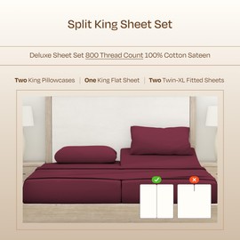 California Design Den Split King Sheets Set - Luxury Hotel 800 Thread Count Sateen, Soft and Natural 100% Cotton Sheets, Deep Pockets with Anti-Skid Elastic for a Snug Fit, Cool and Durable - Red Wine