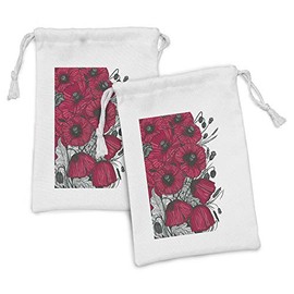 Lunarable Floral Fabric Pouch Set of 2, Large Poppy Flower Florets Romantic Rural Bouquet Botany Art Design, Small Drawstring Bag for Toiletries Masks and Favors, 9" x 6", Dark Green Vermilion