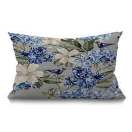 BGBDEIA Floral Cushion Cover 12x20 Inch Spring Plant Flowers Hydrangea Hibiscus Iris Bird Leaf Rectangle Pillow Cases Home Decorative Cotton Linen Throw Pillow Cover for Bed Sofa Blue Green 30x50 cm