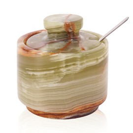 MARBLOUS KRAFTS Marble Salt Cellar with Lid and Spoon 3 Inch Green Onyx Flaky Salt Containers for Countertop, Marble Sugar Bowl and Salt Bowl