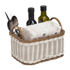 Dwellica Liora Utensil Caddy, 9.1 x 6.7 x 4.7 Inches, Resin Wicker, White and Brown – Multi-Compartment Holder with Handles for Kitchen Cutlery, Utensils, or Napkins