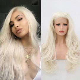 KAMIMASU Platinum Blonde Synthetic Lace Front Wig 13x4 Lace Natural Hairline Blonde White Wig Free Part Long Wavy Glueless Wigs Heat Resistant for Women Drag Queen Cosplay Wig
