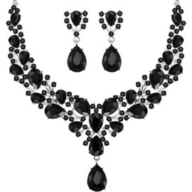 Hicarer Bridal Teardrop Cluster Crystal Jewelry Set for Women Necklace Earrings Wedding (Black)