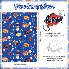 Comic Paper Blue Comic Theme Wrapping Paper, ZAP! KAPOW! POW! WHAM! BAM! Print Folded Flat 4 Pieces Art Sheets for Women Men Birthday Baby Shower Holiday Party Gift Wrap Packing DIY Craft