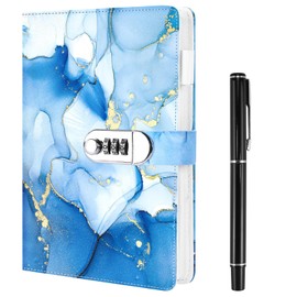 WHENZOO Diary with Lock, A5 PU Leather Journal with Lock 120 Sheets Blue Password Locked Travel Notebook with Pen A5 Fashion Password Book with Lock Diary Creative Handbook Student Note Book