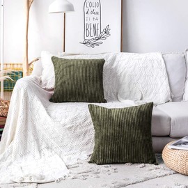 MUDILY One Piece Throw Pillow Covers Striped Velvet Corduroy Couch Pillow Cushion Covers Pillowcases for Sofa Bedroom Car, Olive Green 22 x 22 inch 55 x 55 cm