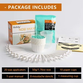 Nose Hair Removal - Wax Kit for Men and Women with 50g, 20 Applicators, 10 Pods, 1 Measuring Cup, 8 Moustache Stencils