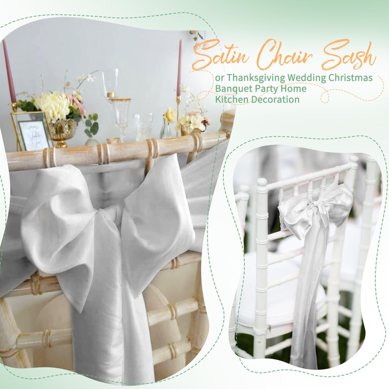 120 PCS Silver Satin Chair Sashes, 7 x 108 Inch