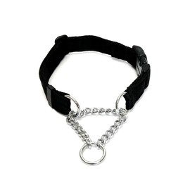 Dog Collar Adjustable Half Check Chain With Plastic Curved Side Release Buckle 25mm Wide Cushion Webbing (Large (18" - 22"), Black)