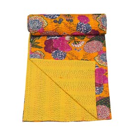 Marubhumi Indian Handmade Stitched Pure Cotton Fruit Print Kantha Quilt, Reversible Kantha Quilt (Yellow, Twin (60"x 90"))
