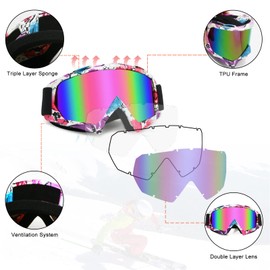 ZukMi ATV Goggles Motocross Goggles Dirt Bike Motorcycle Goggles MX Off Road Goggles for Men Women Adult Youth Riding Racing (flower frame + pink lens)
