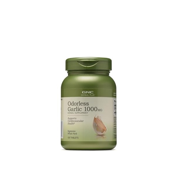 GNC Herbal Plus Odorless Garlic 1000mg Supplement, Vegetarian, Supports Cardiovascular