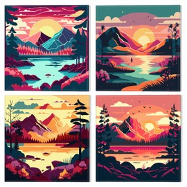 NAIMOER Framed Paint by Numbers for Kids, 4Pack Landscape Paint by Numbers Canvas for Kids Adults, Kids' Paint by Number Kits, DIY Acrylic Cartoon Oil Painting with Wooden Easel (8x8inch)