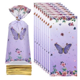 100 PCS Butterfly Cellophane Treat Bags - Floral and Butterfly Print Goodie Bags with 100 Twist Ties for Birthday Party, Baby Shower, Candy Buffet, and Themed Celebrations