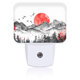 Mountains and Red Sun Night Light Ink Painting Nightlight Plug into Wall with Dusk to Dawn Sensor for Kid Girls Boys Women Men Room, Hallway, Kitchen, Bathroom, Stairs Decor
