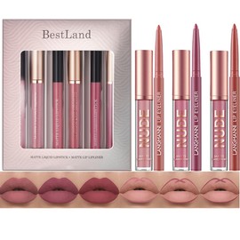 BestLand 6Pcs Matte Liquid Lipstick + Lip Liner Pens Set, One Step Lips Makeup Kits Pigment Velvety Nude Lip Stain Waterproof Long Wear Lip Gloss Make up Gift Set (Graceful Nudes Collection)