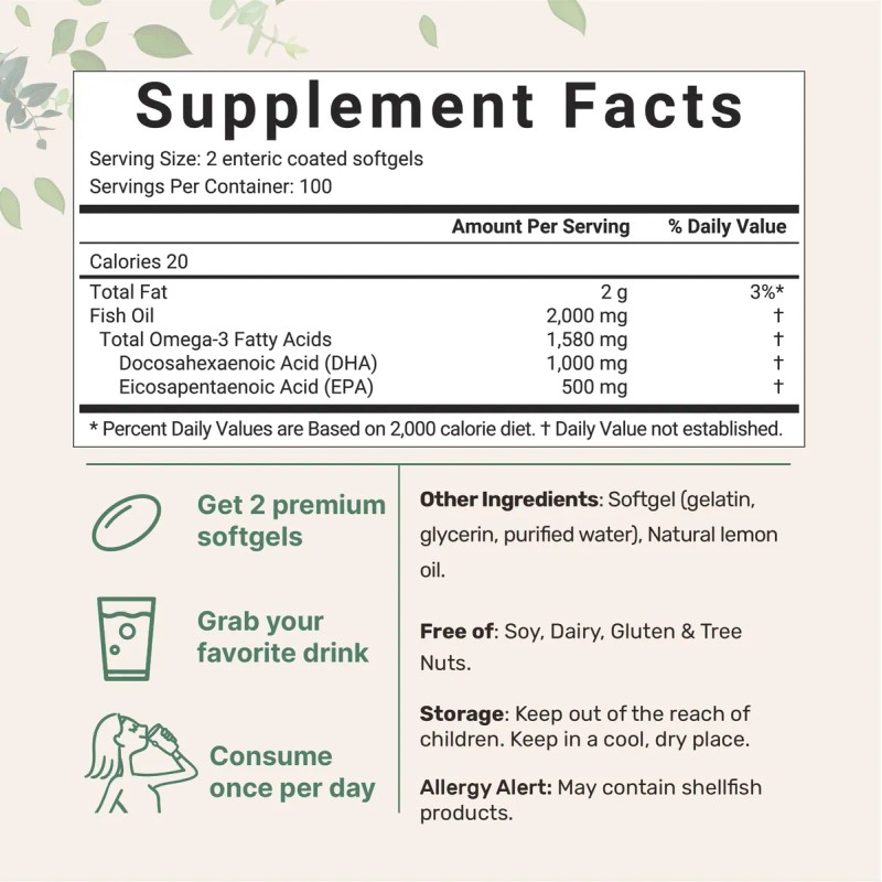 Omega 3 Fish Oil Dha Supplements 1000mg With Epa 500mg,