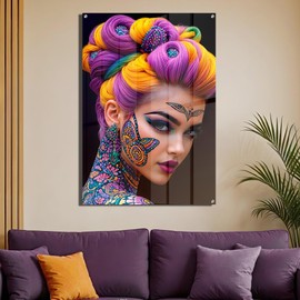 PUREVACY Living Room Picture Portrait of a Woman. Colorful Artwork for Wall. Glossy Wall Art on Acrylic for Bedroom, Bathroom, or Office Size 50x50 cm / 20x20″