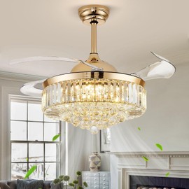 Deliyfans 42'' Fandelier Ceiling Fans with Light, Chandelier Ceiling Fan, Retractable Crystal Ceiling Fan for Bedroom, Living Room, 3 Color Change, LED Dimmable, 6 Speeds, Reversible DC Motor-Gold