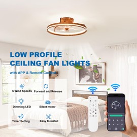 SAYTOP Low Profile Ceiling Fans with Lights and Remote, 19.7" Farmhouse Bladeless Ceiling Fan Flush Mount Modern Smart Fandelier LED Chandelier Fan Light for Bedroom Living Room, Brown Walnut