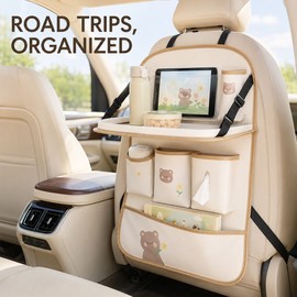 PU Leather Car Seat Back Organizer with Foldable Tray, Multi-Pocket Storage, Tissue and Bottle Holders, Anti-Kick Seat Protector