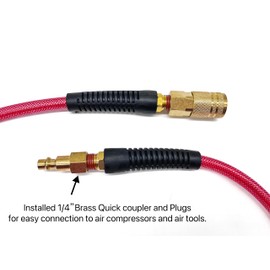 SYXQT Polyurethane(PU) 1/4-Inch x 100FT Reinforced, Air Hose with 1/4” Swivel Industrial Quick Coupler and Plug, Bend Restrictor,Red