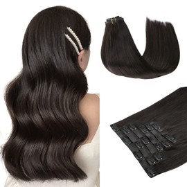HOTBANANA Seamless Clip in Hair Extensions 16 inch 130g 7pcs Dark Brown Clip in Remy Human Hair Extensions Straight Hair Invisible PU Skin Weft