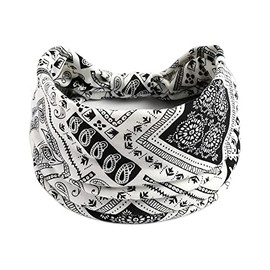 1 Pack Boho Headbands Stretch Paisley Print Bandana Headband Criss Cross Hair Bands Knotted Head Wrap Yoga Daily for Women and Girls (White Black)