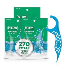 GUM - Púas de hilo dental de cuidado avanzado para adultos con vitamina E y flúor, hilo dental extra fuerte resistente a la trituración, mango de fácil agarre, sabor a menta fresca, 90 unidades
