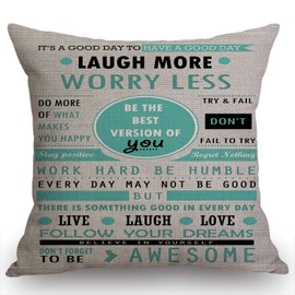 Swono Inspirational Quotes Laugh More Worry Less Don't Forget to Be Awesome Throw Pillow Case Cushion Cover Cotton Linen 18x18 Inches for Sofa Couch