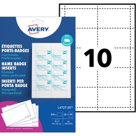 Avery L4727-20 Printable Name Badge Insert Refills (90 x 54 mm Inserts) - White, Pack of 200