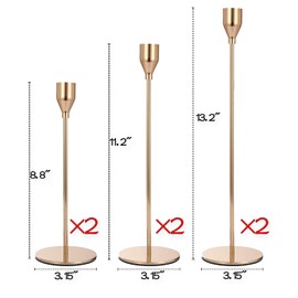 Gold Taper Candle Holder Set of 6, Brass Gold Tall Candlestick Holders, Metal Vintage Candle Stickers Long Holder Set, Pillar Decorative Candle Holder Fits 3/4 Inch Candle for Wedding, Dinner, Party