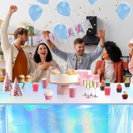 OQOQ Iridescent Table Cloths (2 Packs，Blue) - Rectangular Plastic Table Cover Disposable Tablecloth Birthday Decorations Waterproof Foil Tablecloth Bachelorette Party Ocean Mermaid Party 54x108 Inches