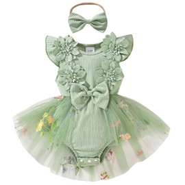 Infant Newborn Baby Girl Romper Dress Fly Sleeve 3D Flower Embroidery Mesh Tulle Tutu Dresses Summer Outfit Clothes(Green, 9-12 Months)