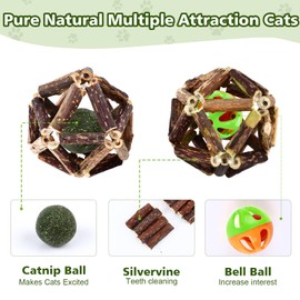 WOUSEDO Catnip Chew Toys for Cats,24 Pack silvervine cat Toy,cat Natural silvervine Sticks,Natural Silvervine Stick Cage Balls & Bell Balls for Indoor Cats.