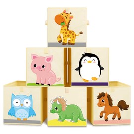 Kigley 6 Pcs Collapsible Cube Storage Bins Kids Foldable Storage Cube Organizer Fabric Toy Box Decorative Kids Storage with Handles for Home Nursery Bedroom, 10.6 x 10.6 Inch (Cute Animal)