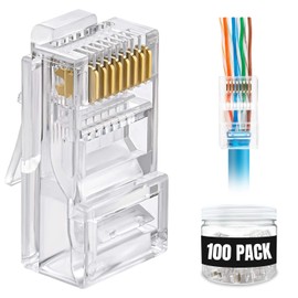 AmSecu 100-Pack RJ45 Pass Through Connector, Cat6, Gold Plated EZ Pass Cable Pass Through RJ45 connectors, RJ45 Modular Plugs, Ethernet Plugs (100 Pack)