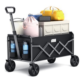 TANSTRIDER Collapsible Foldable Wagon, Foldig Wagon with Wheel Heavy Duty with 180lbs Weight Capacity Lightweight Utility Camping Cart for Groceries Garden Beach Sports Fishing (Black)