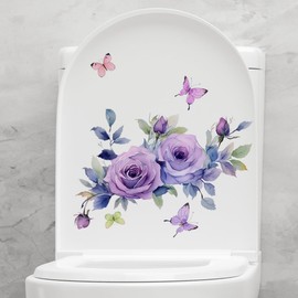 Purple Flowers Butterfly Toilet Seat Lid Stickers Self-Adhesive Bathroom Wall Sticker Floral Butterfly Toilet Seat Decals DIY Removable Waterproof Toilets Sticker for Toilet Lid Decals