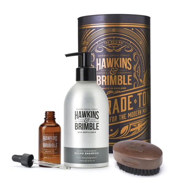 Hawkins & Brimble 3 Pcs Daily Ritual Beard Gift Set, Healthy Beard Growth Kit with Non-Greasy Beard Oil to Repair Damaged Follicles, Beard Shampoo for Nourishment, & Walnut Beard Brush
