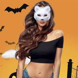 MRDLKNX Therian Mask, Faux Fur Fox Tail Cat Wolf Cosplay Costume Set, Plush Mask with Fluffy Tail & Paw Gloves, Half Face Masquerade Mask for Cosplay Costume, Fancy Party (White