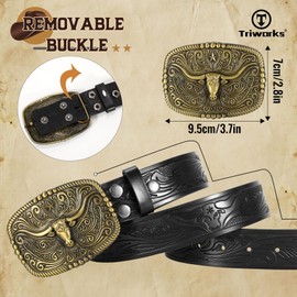 TRIWORKS Western Buckle Belt for Men Women Cowboy Leather Belt Country Belt Embossed Leather Belt Men Engraved Western Belt
