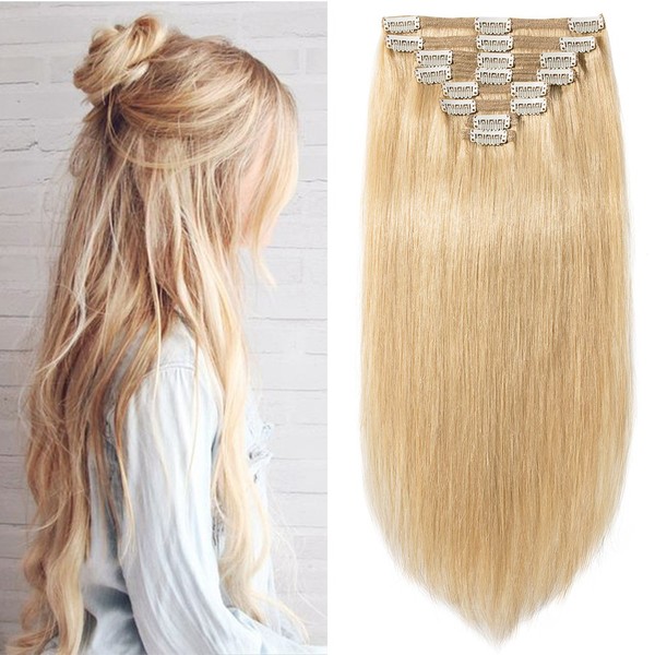 Elailite Clip-In Real Hair Extensions, 50 cm Natural Hair, Straight, 150 g, Remy Real Hair Extensions, #24 Natural Blonde, 8-Piece Set