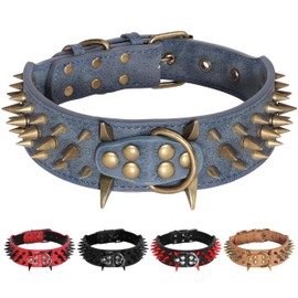 Beirui Heavy Duty Spiked PU Leather Dog Collar 2 inch Wide - Anti-Bite Sharp Rivet Studded Dog Collar for Medium Large Dogs Pit Bull Mastiff Bulldog(Blue,Neck for 18-23",Total Length 25.5")