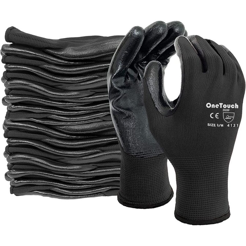 A406 12 Pair Black Nitrile Coated Gloves Work Gloves Nylon
