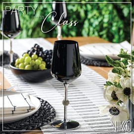 Vikko Décor Black and Silver Wine Glasses: 14.2 Oz Wine Tasting Glass – Decorative Wine Glass with Diamante Accented Stem – Fancy Stemmed Wine Glasses Set of 6 – 9.2” x 2.4” Stemware