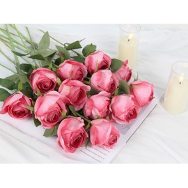 Riyuwal 12 pcs Hot Pink Roses Artificial Flowers Vintage Burnt Edge Rose 20" Realistic Silk Roses Bouquet with Long Stem for Wedding Party Floral Centerpieces Decoration (Hot Pink)